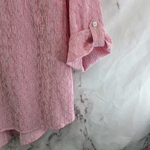 Chicos Shirt Women 1 Medium Pink Striped Popover Seersucker Textured Lemonia - Picture 4 of 12